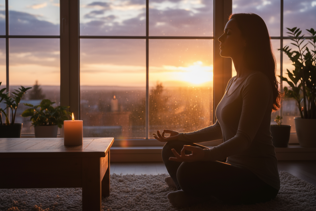A person taking deep breaths near a window at sunset meditating. A candle is near by.